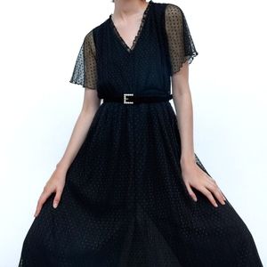 Zara Black Midi Dress with Sheer Sleeves